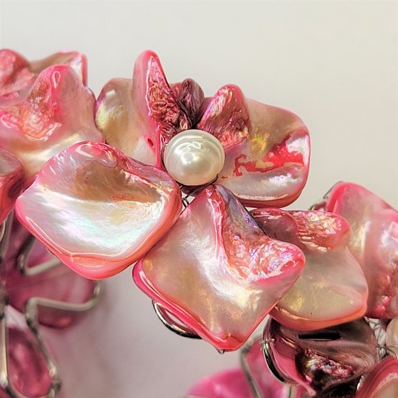 Pink Cuff Bangle with Shell and Pearls Adjustable Bracelet - NEW - Picture 7 of 11